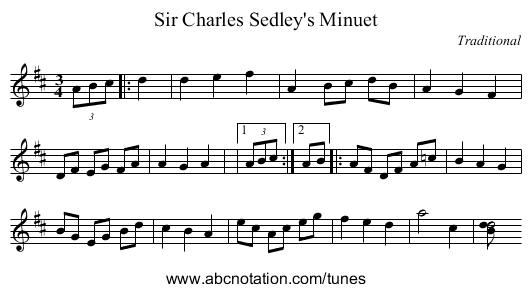 Sir Charles Sedley's Minuet - staff notation