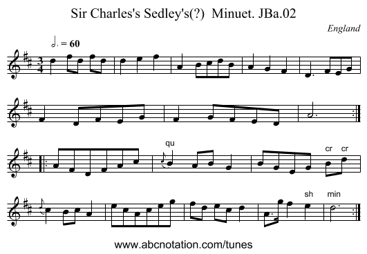 Sir Charles's Sedley's(?)  Minuet. JBa.02 - staff notation