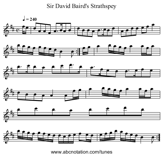 Sir David Baird's Strathspey - staff notation