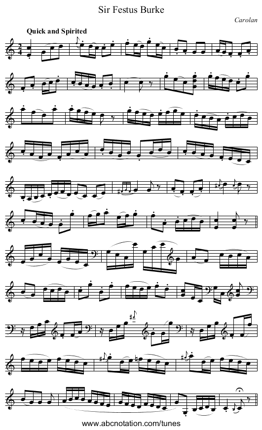 Sir Festus Burke - staff notation