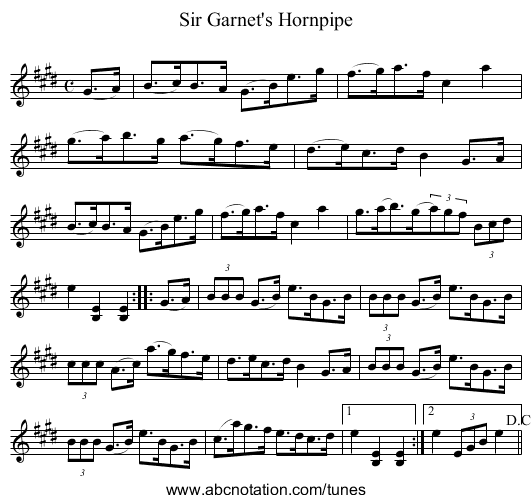 Sir Garnet's Hornpipe - staff notation