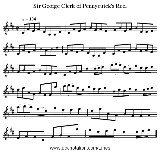 Sir George Clerk of Pennycuick's Reel - staff notation