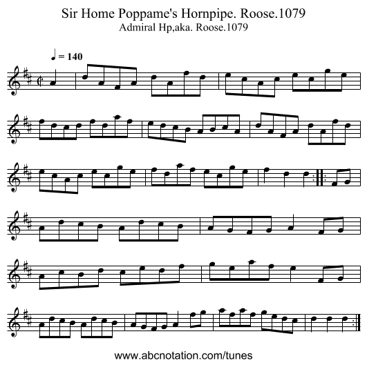 Sir Home Poppame's Hornpipe. Roose.1079 - staff notation