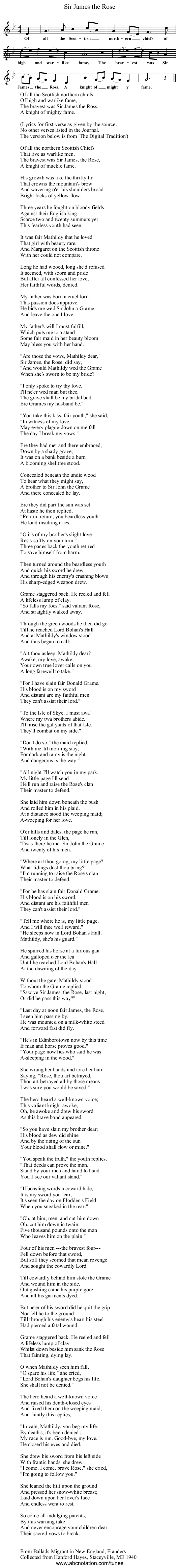 Sir James the Rose - staff notation