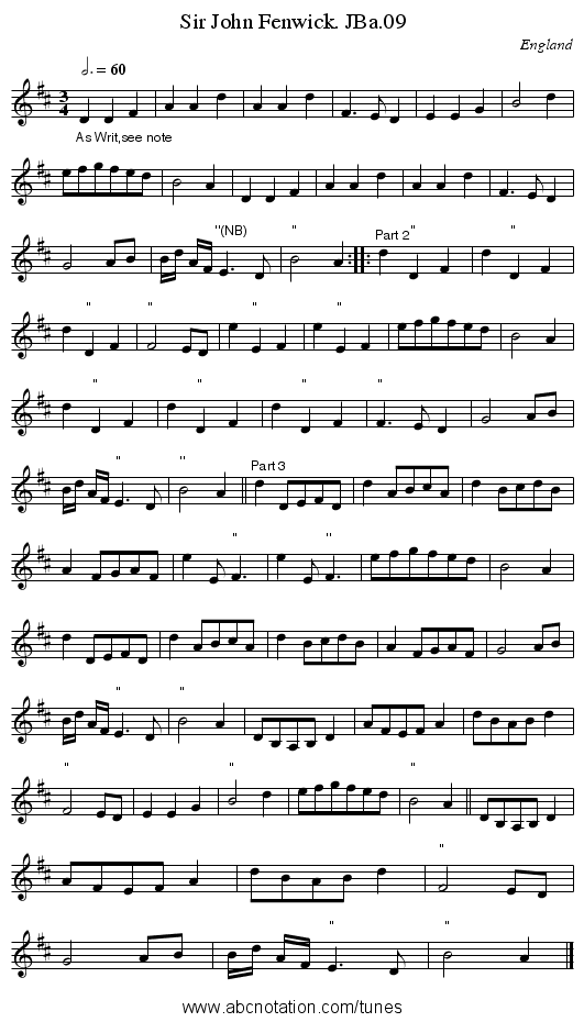 Sir John Fenwick. JBa.09 - staff notation