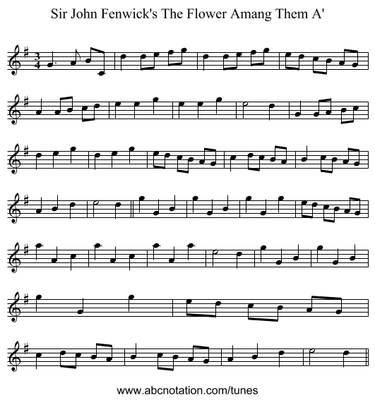 Sir John Fenwick's The Flower Amang Them A' - staff notation