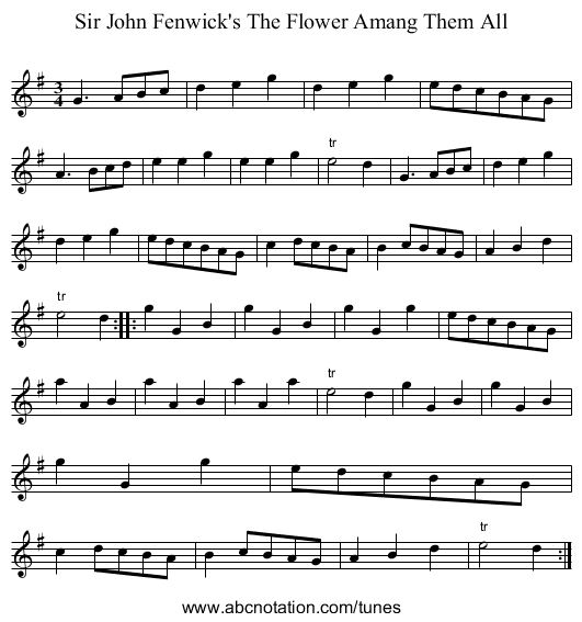Sir John Fenwick's The Flower Amang Them All - staff notation