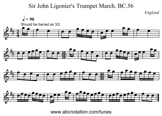 Sir John Ligonier's Trumpet March. BC.56 - staff notation