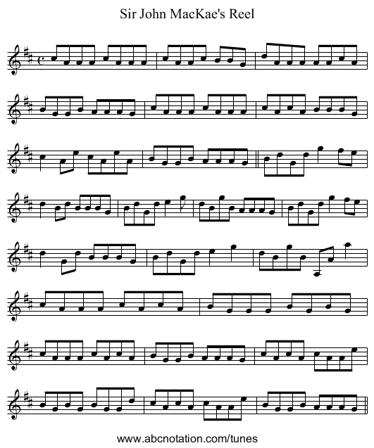 Sir John MacKae's Reel - staff notation