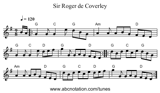 Sir Roger de Coverley - staff notation
