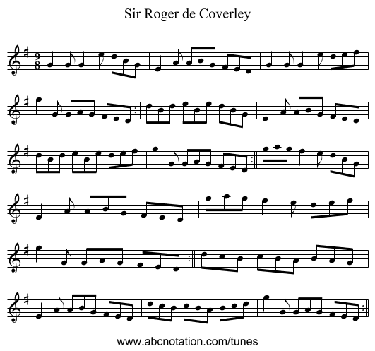 Sir Roger de Coverley - staff notation