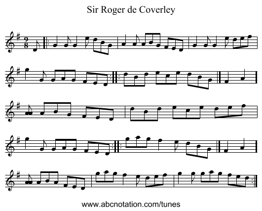 Sir Roger de Coverley - staff notation