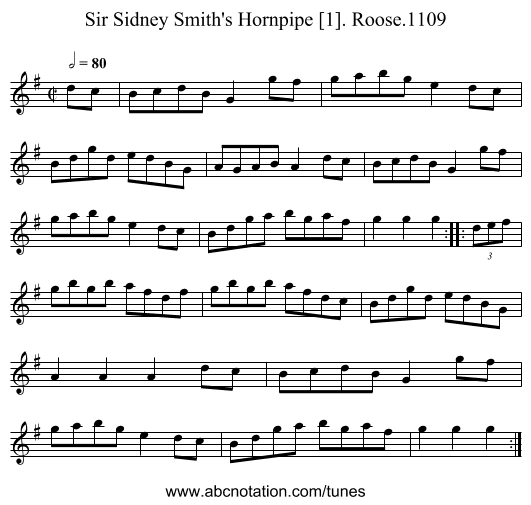 Sir Sidney Smith's Hornpipe [1]. Roose.1109 - staff notation