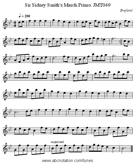 Sir Sidney Smith's March.Primo. JMT049 - staff notation