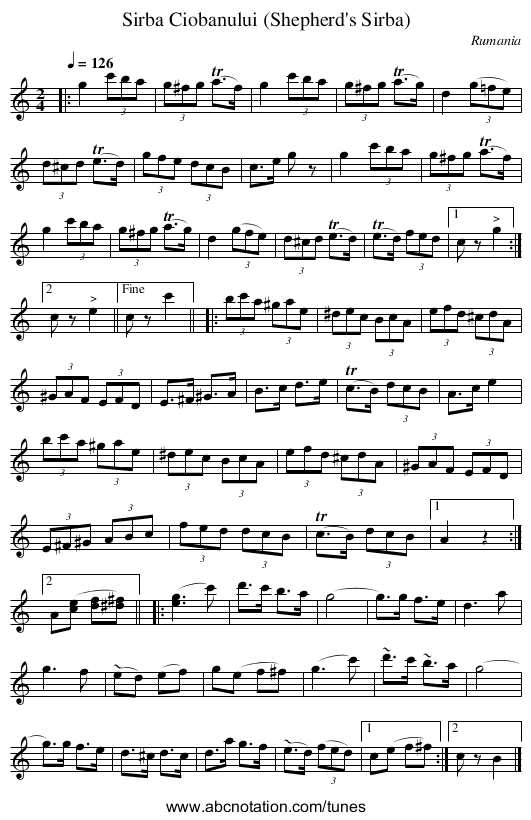 Sirba Ciobanului (Shepherd's Sirba) - staff notation