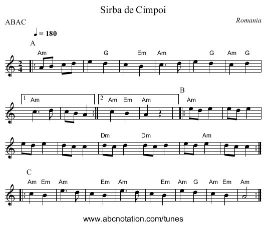 Sirba de Cimpoi - staff notation