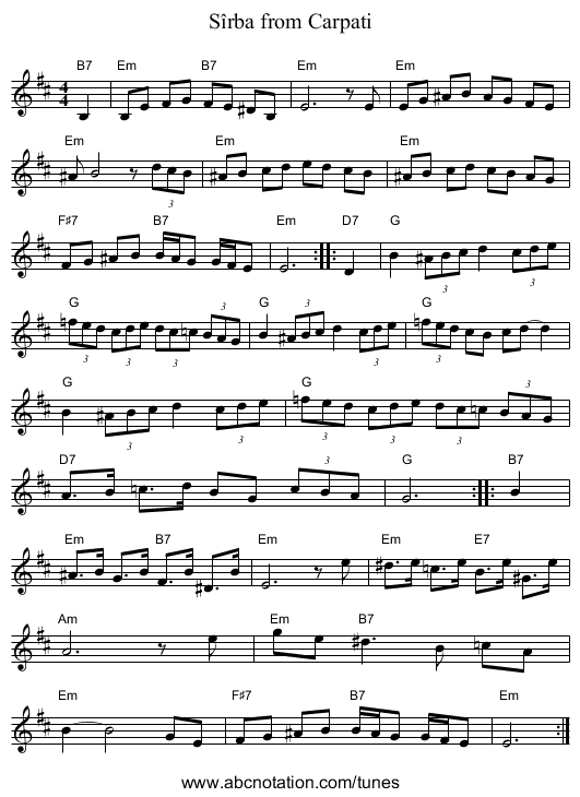 S&icirc;rba from Carpati - staff notation