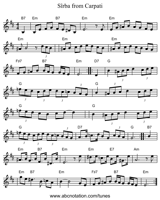 S&icirc;rba from Carpati - staff notation