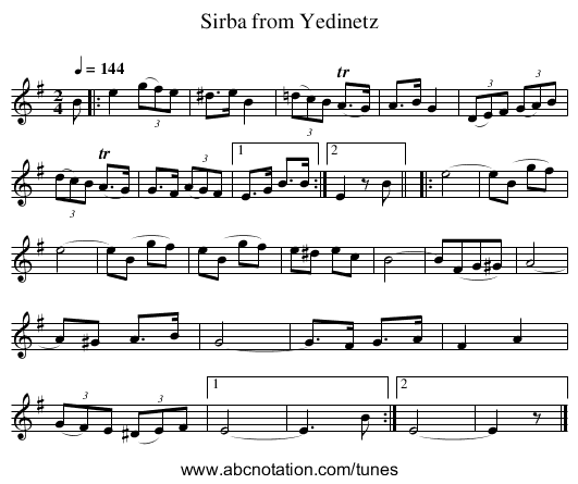 Sirba from Yedinetz - staff notation