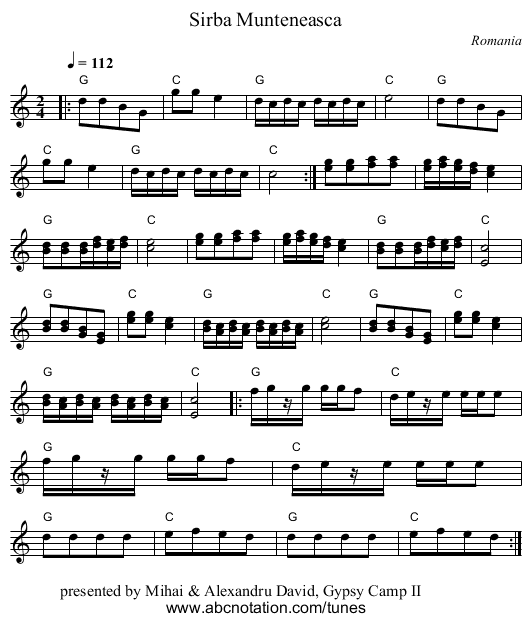 Sirba Munteneasca - staff notation