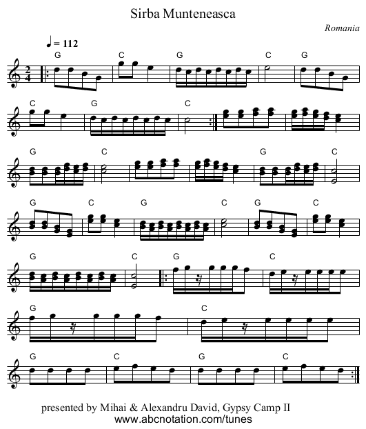 Sirba Munteneasca - staff notation