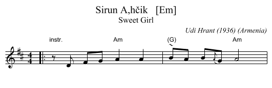 Sirun Aḩčik   [Em] - staff notation