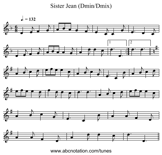 Sister Jean (Dmin/Dmix) - staff notation