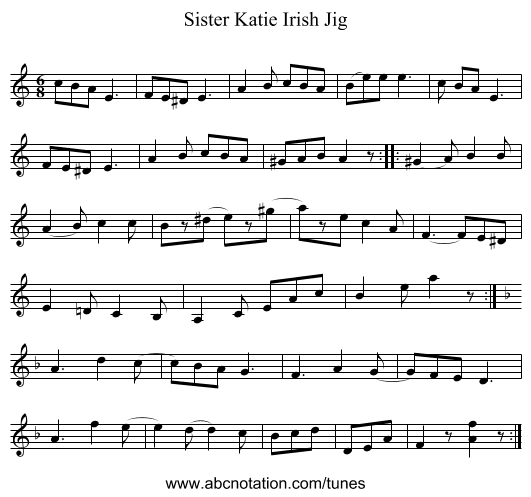 Sister Katie Irish Jig - staff notation
