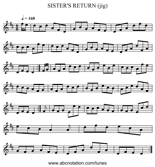SISTER'S RETURN (jig) - staff notation