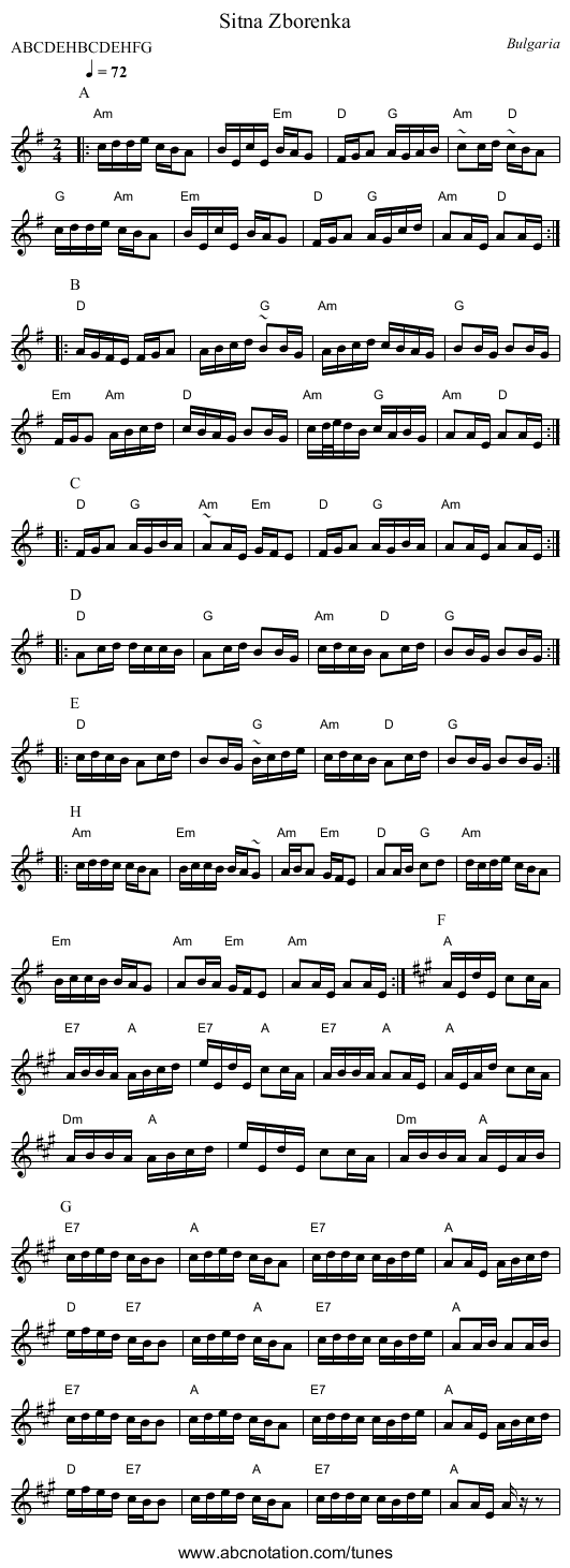 Sitna Zborenka - staff notation