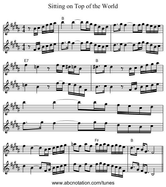 Sitting on Top of the World - staff notation