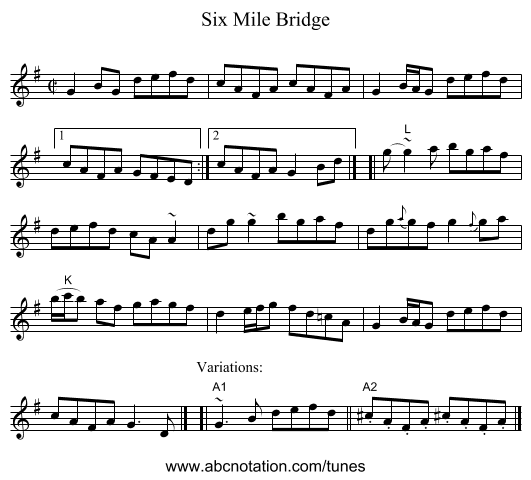 Six Mile Bridge - staff notation