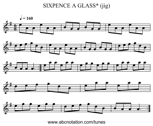 SIXPENCE A GLASS* (jig) - staff notation