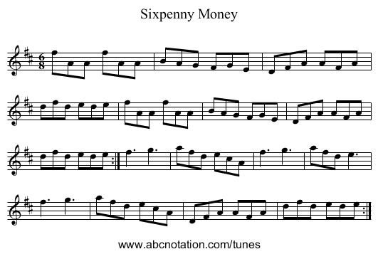 Sixpenny Money - staff notation