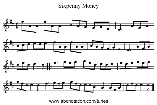 Sixpenny Money - staff notation