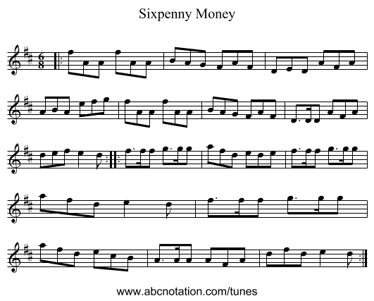 Sixpenny Money - staff notation