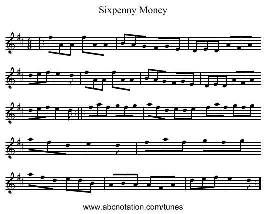 Sixpenny Money - staff notation