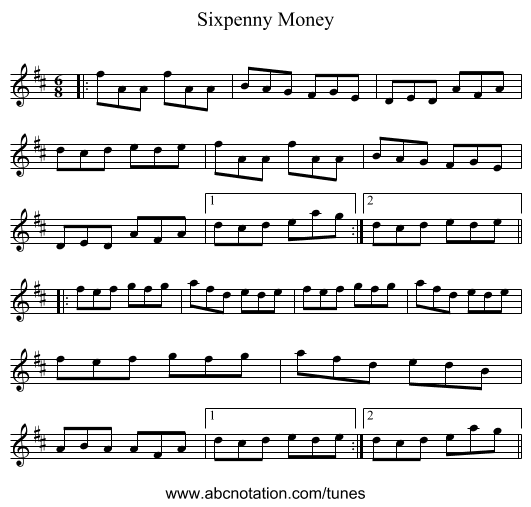 Sixpenny Money - staff notation
