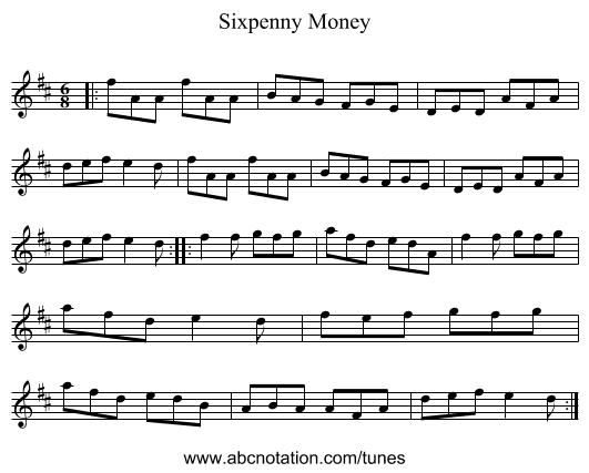 Sixpenny Money - staff notation