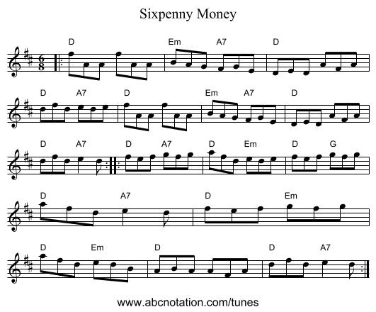 Sixpenny Money - staff notation