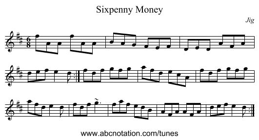 Sixpenny Money - staff notation