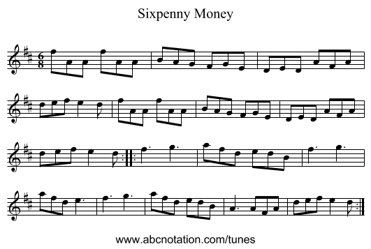Sixpenny Money - staff notation