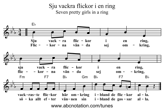 Sju vackra flickor i en ring - staff notation