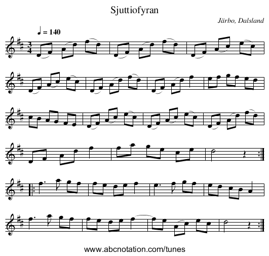 Sjuttiofyran - staff notation