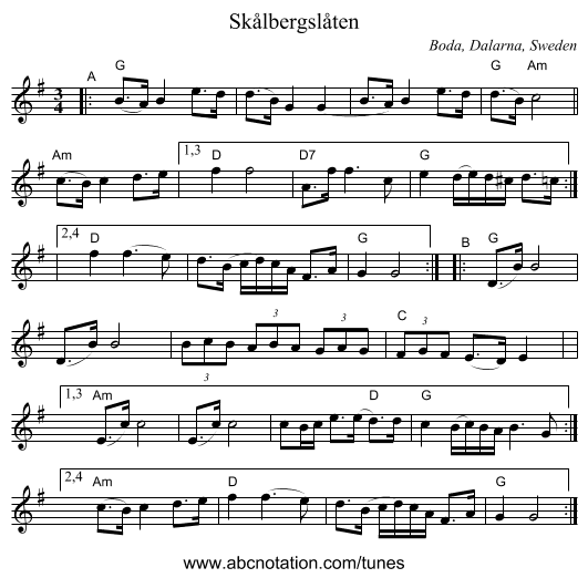 Skålbergslåten - staff notation