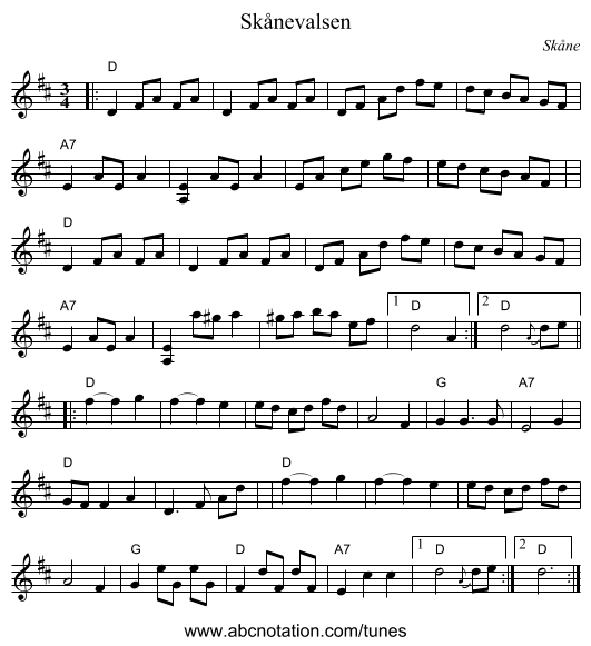 Sk&aring;nevalsen - staff notation