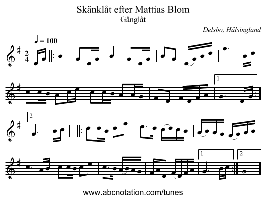 Skänklåt efter Mattias Blom - staff notation