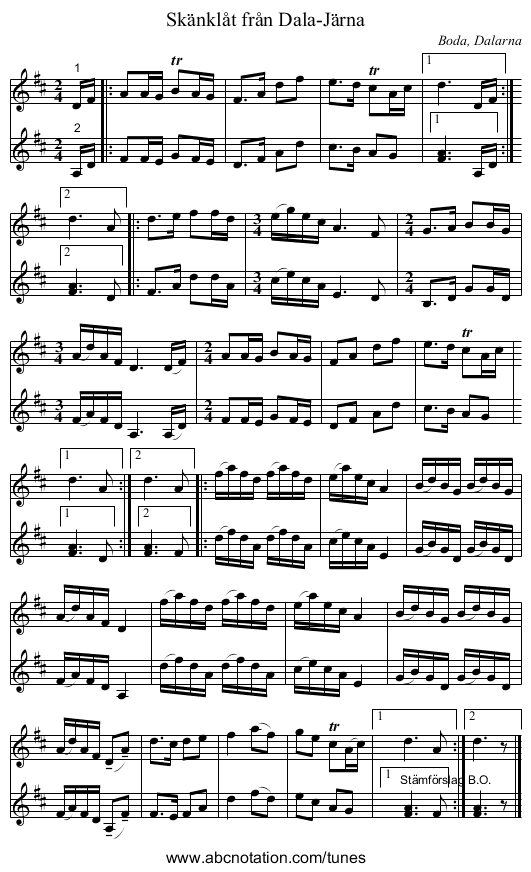 Skänklåt från Dala-Järna - staff notation