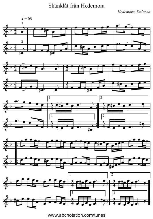 Skänklåt från Hedemora - staff notation