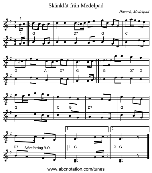 Skänklåt från Medelpad - staff notation
